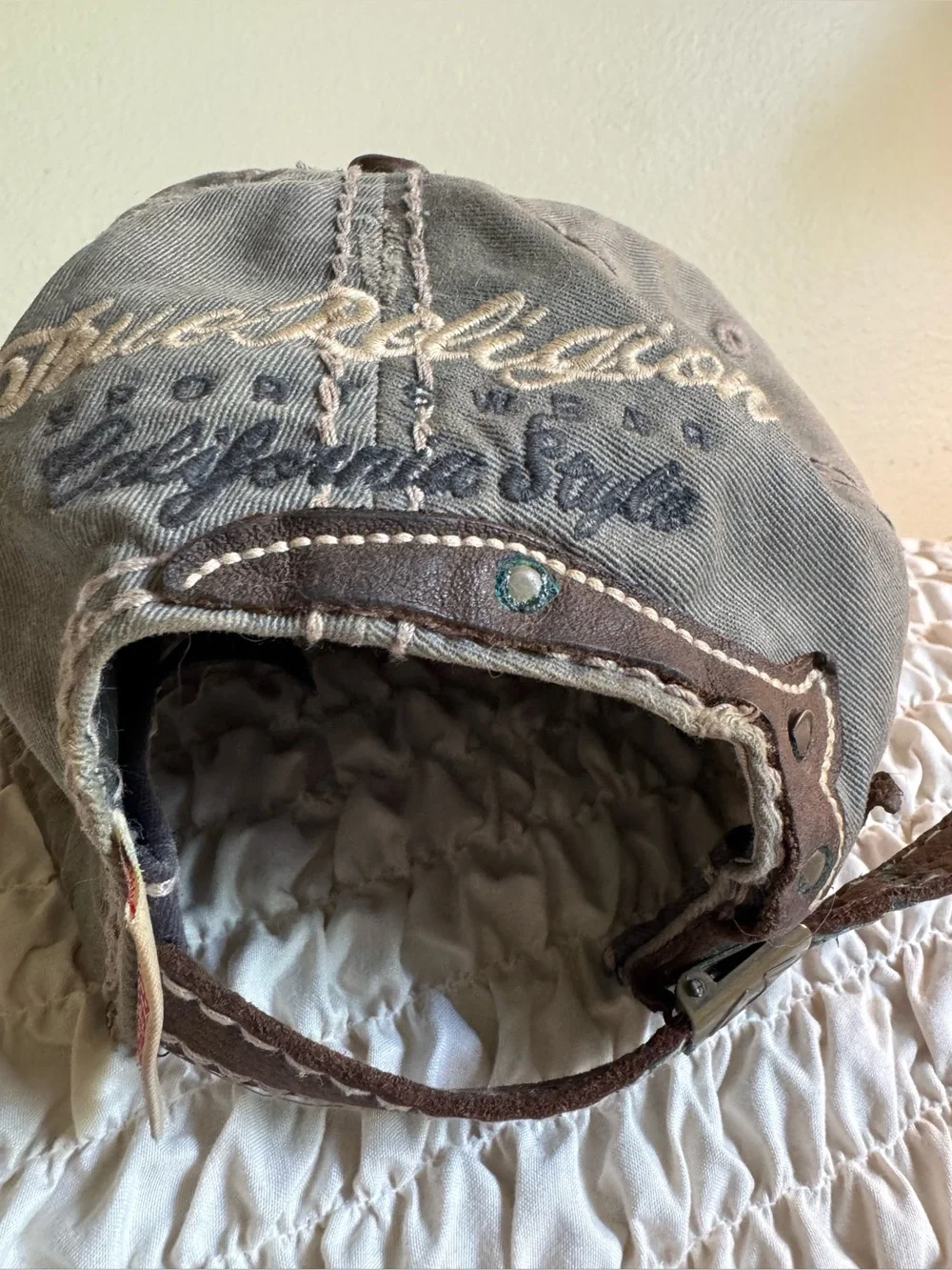 True Religion Distressed Horseshoe & Leather Baseball Hat